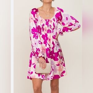 NWT Boutique Oddy pink purple & white floral bohemian babydoll mini dress